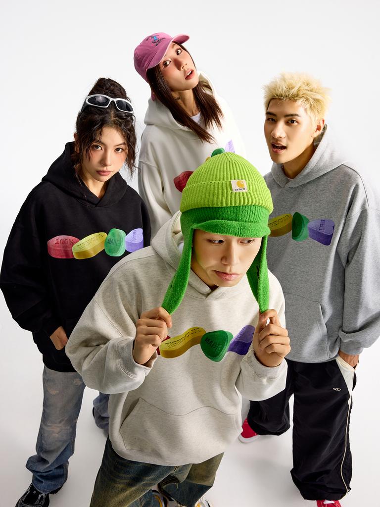 Buntes Sweatshirt mit Pillen-Print, amerikanischer Kapuzenpullover, neu, Frühling und Herbst, Partner-Schulstil-Pullover, reines Baumwoll-Oberteil, trendig