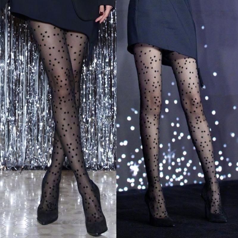 Women Sexy Tight Star Print Seamless-Pantyhose Stockings No-snagging Hose Sexy Lingerie-Patterned Tight Black White