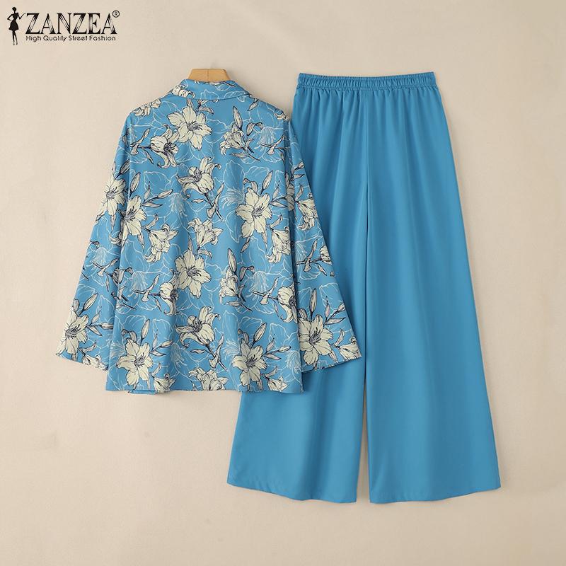 ZANZEA Women Long Sleeve Print Blouse and Pants Casual Two Piece Suit Sets
