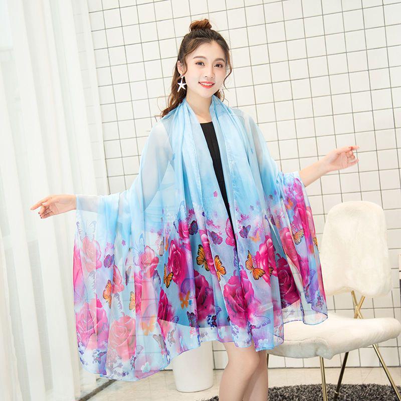 Asciugamano da Spiaggia Oversize in Chiffon Primavera e Autunno Donna Protezione Solare Sciarpa Floreale con Motivo Broccato Sciarpa Lunga