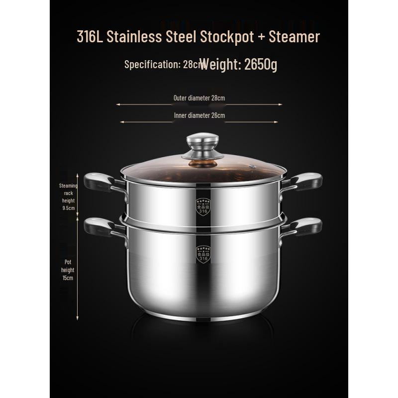 2025 Three-Layer 316 Stainless Steel Steamer & Soup Pot for Induction & Gas Stoves