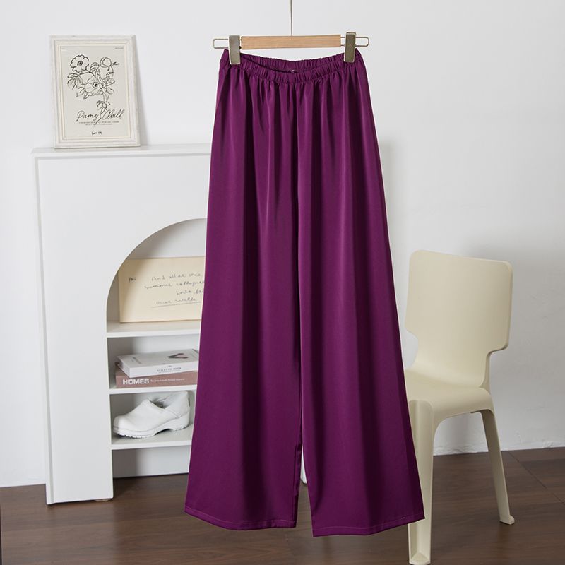 

[Changshu Gear] Super Soft and Smooth Imitated Silk Fabric Satin! Solid High Waist Elastic Loose Straight Pants Women s Trousers Summer Purple F