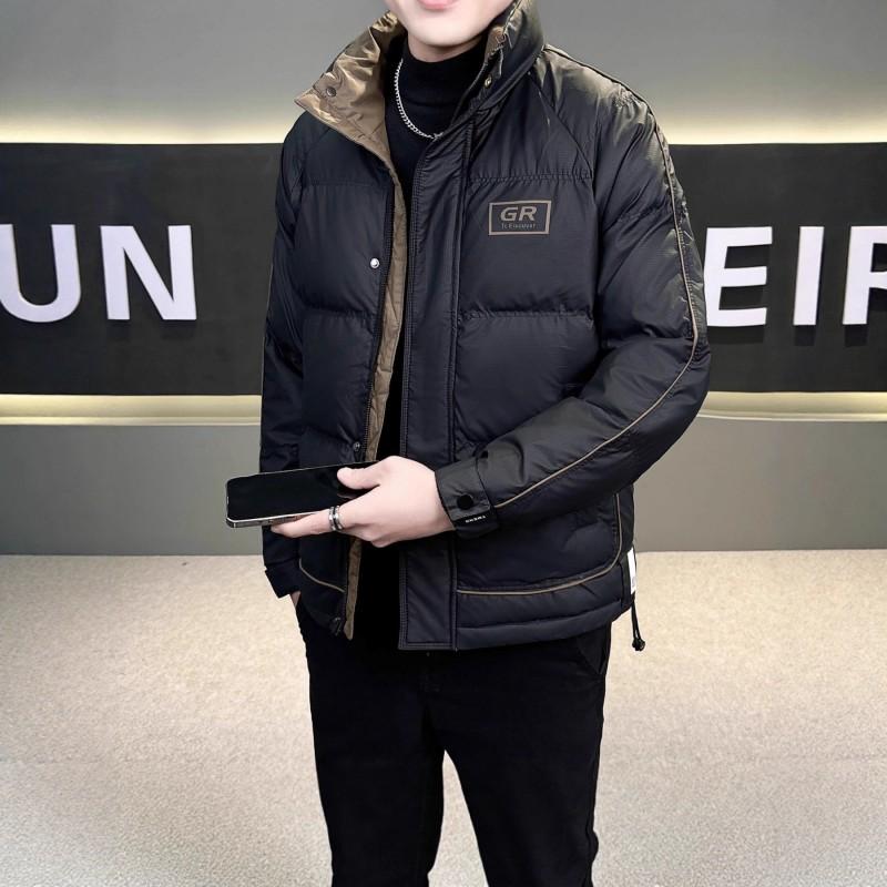 Mens Short Winter Down Jacket Color Block Windproof Warm Fashionable Stand Collar Non-Hooded
