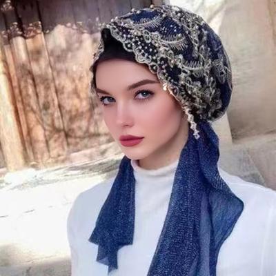 Lace Stretch Turban Hat for Women Pre-Tied Head Scarf Wrap Slip-on Chemo Hat Soft Skull Cap for Hair Loss