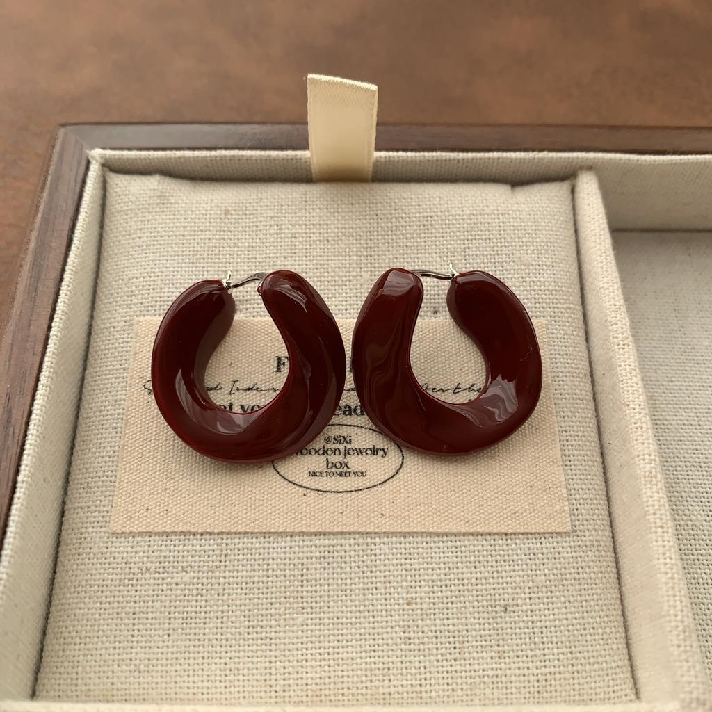Burgundy Enamel Flower Ring Earrings Earrings Women'S Fashion Personality Temperament Advanced Sense Light Luxury Exquisite Autumn And Winter Earrings