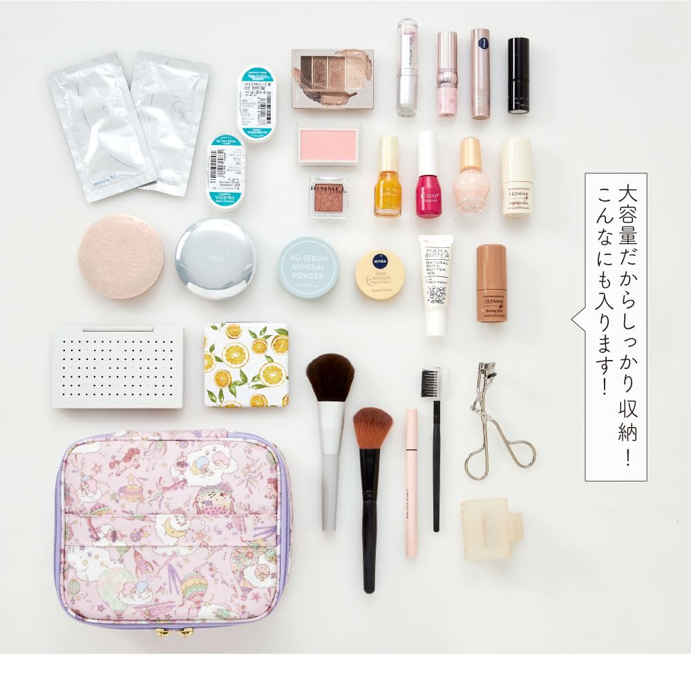 Sanrio Hello Kitty Collaboration Blue Vanity Pouch, Large Capacity Makeup Pouch, Travel Pouch with Brush Pocket, Gusseted, Made in Japan