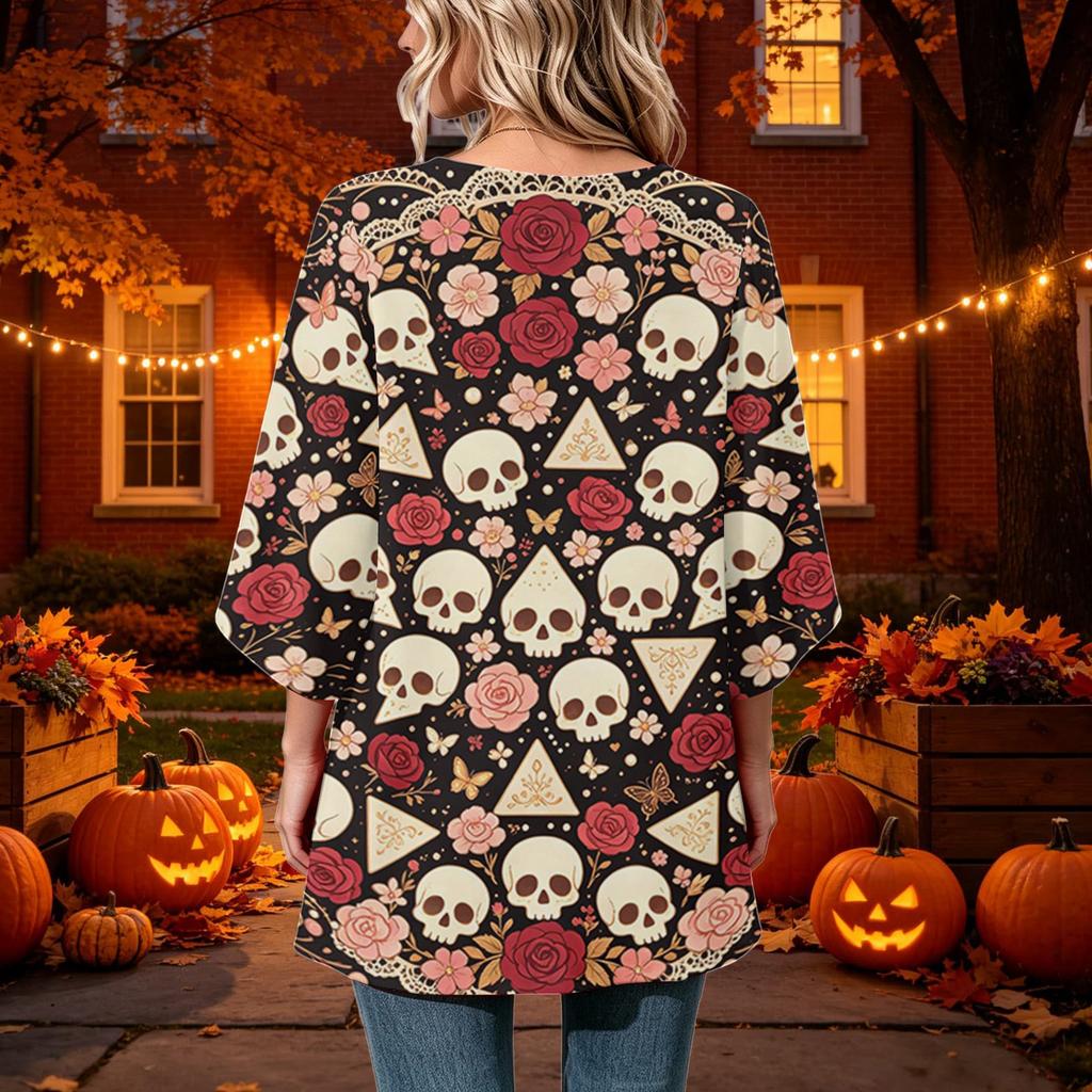 Women's Casual Loose Fit Three-Quarter Sleeve Neck Top with Halloween Print