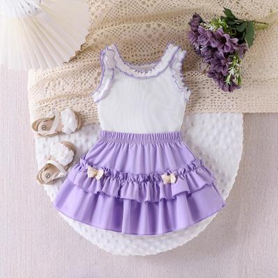 Moda pentru copii de vară, drăguț, guler din dantelă, top fără mâneci + set de fuste Pompadour