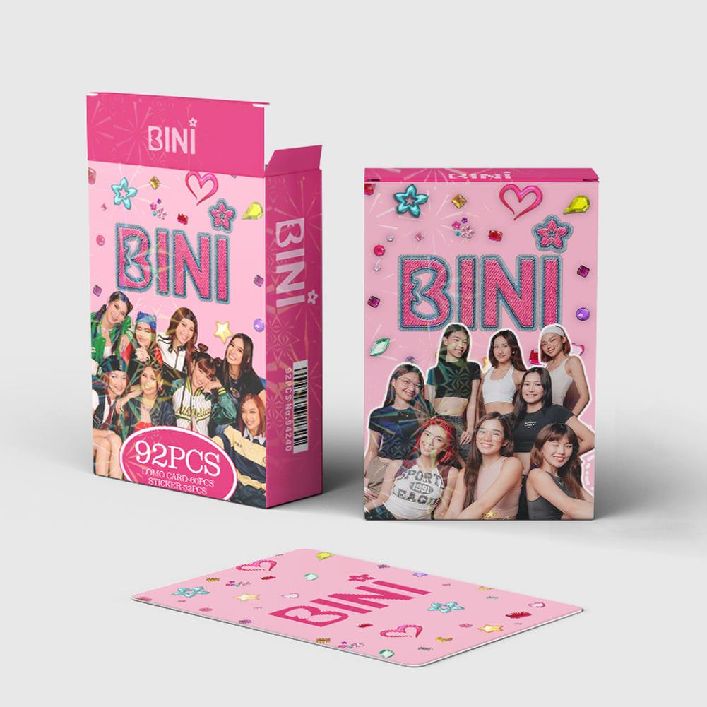 92pcs BINI Photocard Sticker Set Boxed Postcard Double Sides Lomo Cards Collection Gifts For Fans (60photo Cards+32stickers)