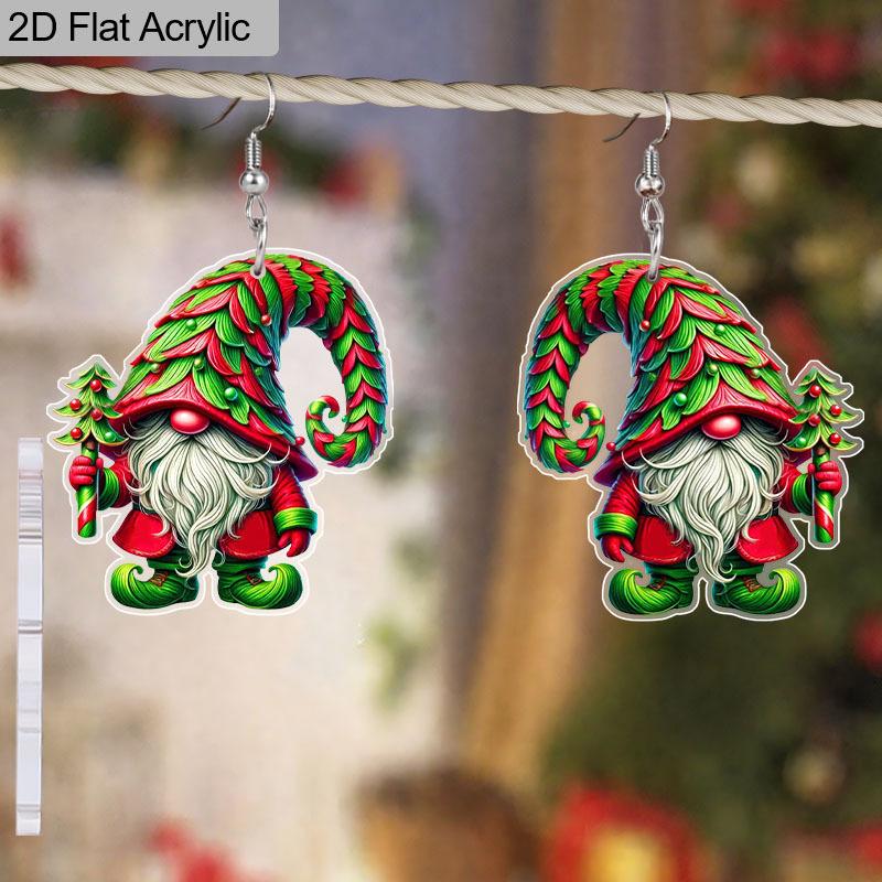 2D Flat Christmas Acrylic Earrings Decoration Red and Green Gnome Pendant Jewelry Ladies Christmas Gift