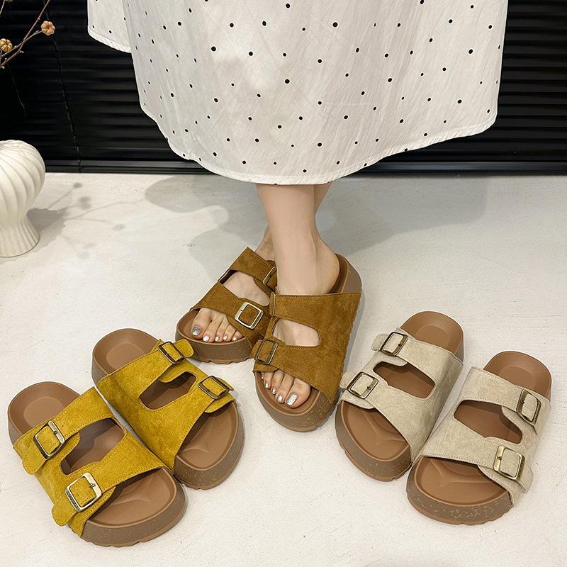 Seaside beach sandals with buckle round skirt cool slippers women's retro one-word thick-soled slippers 2025 summer
