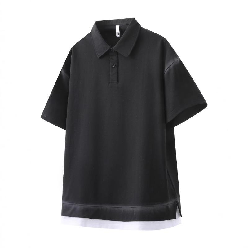 

Men Turn Down Collar Short Sleeve Polo Shirt Gradient Washed Fake Two Piece Loose Casual Tops M чёрный