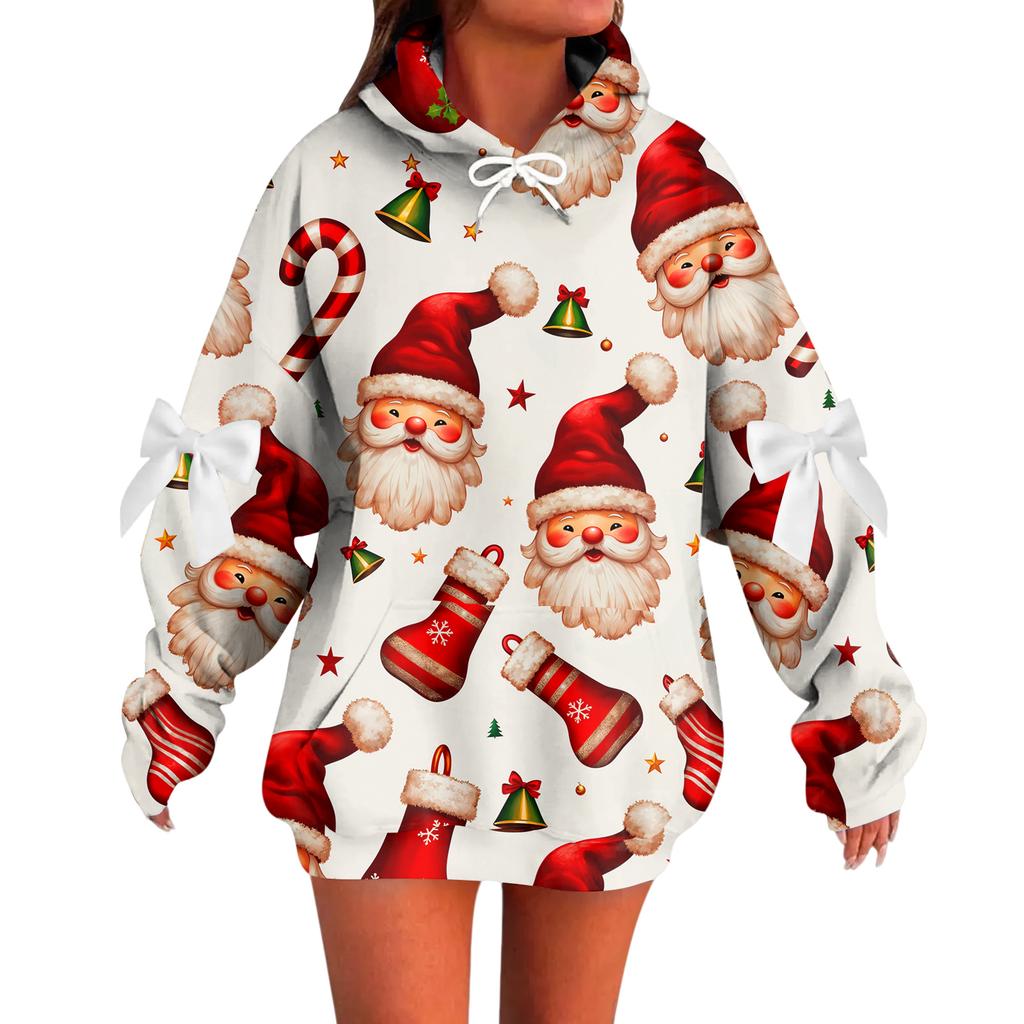 Ladies' Christmas Printed Bow Long Sleeved Loose Fitting Headband With Rope Hooded Sweatshirt Top