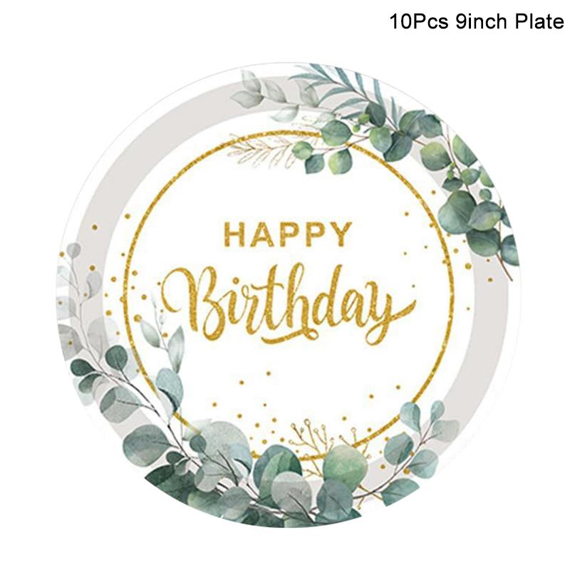 1Set Eucalyptus Happy Birthday Disposable Tableware Paper Plate Cup Napkins Green Leaf Birthday Party Decoration Supplies
