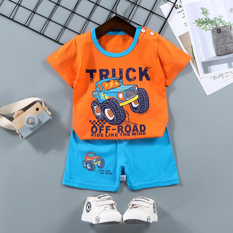Set de pantaloni de tricou cu mânecă scurtă pentru copii de vară, cu mânecă scurtă, 2 bucăți, largi, din bumbac, ținută de desene animate