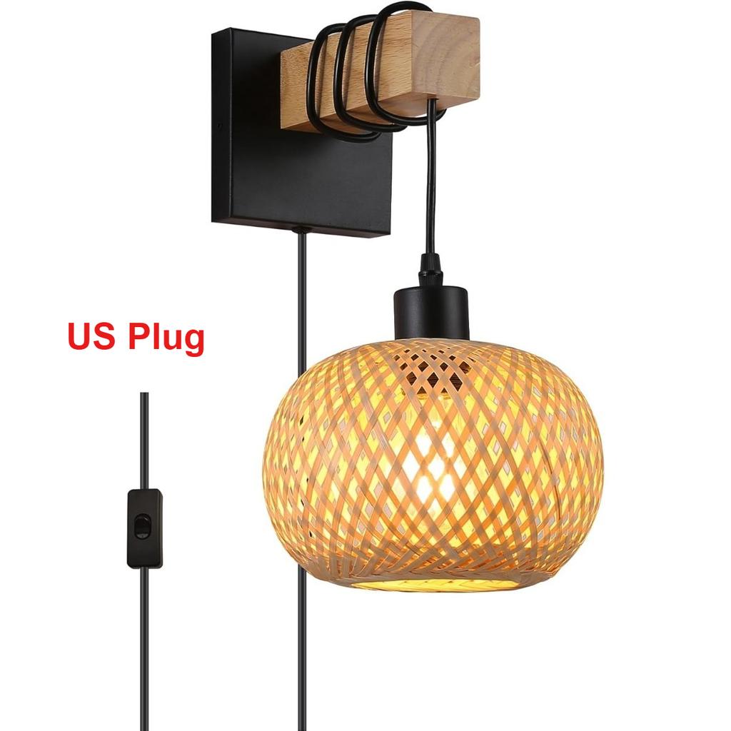 JOYINLED Japanese Boho Chandelier, E27 Bamboo Woven Wall Light for Bedroom Bathroom Living Room Vintage Rattan Plug-in Lamp 20cm