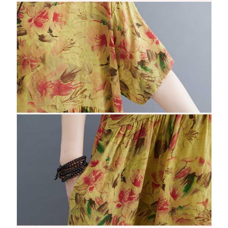 Loose and Thin Retro Swing Round Neck Short Sleeve Long Dresses
