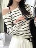 Women's Off-Shoulder Striped Sweater - Autumn/Winter Long Sleeve, Exposed Collarbone Knit Top