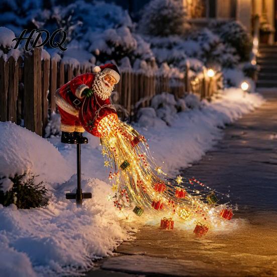 Waterproof LED Pathway Lighting Solar Christmas Garden Stake Light Santa Pouring Flowing String Lights Colorful Magical Holiday Path Lights