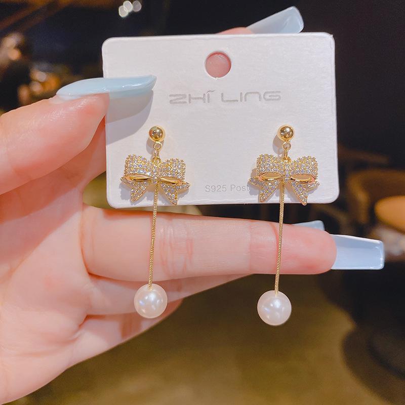2024 Autumn Bow Knot Pearl Tassel Earrings - S925 Silver Needle Fashion Ear Jewelry Gold 3B202 медный