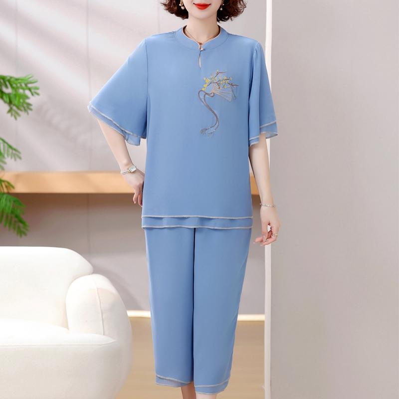 

4XL-8XL Большие размеры Шифон Комплекты из двух предметов Женские летние элегантные летние комплекты одежды для женщин Брюки Комплекты повседневные блузки больших размеров 8XL синий