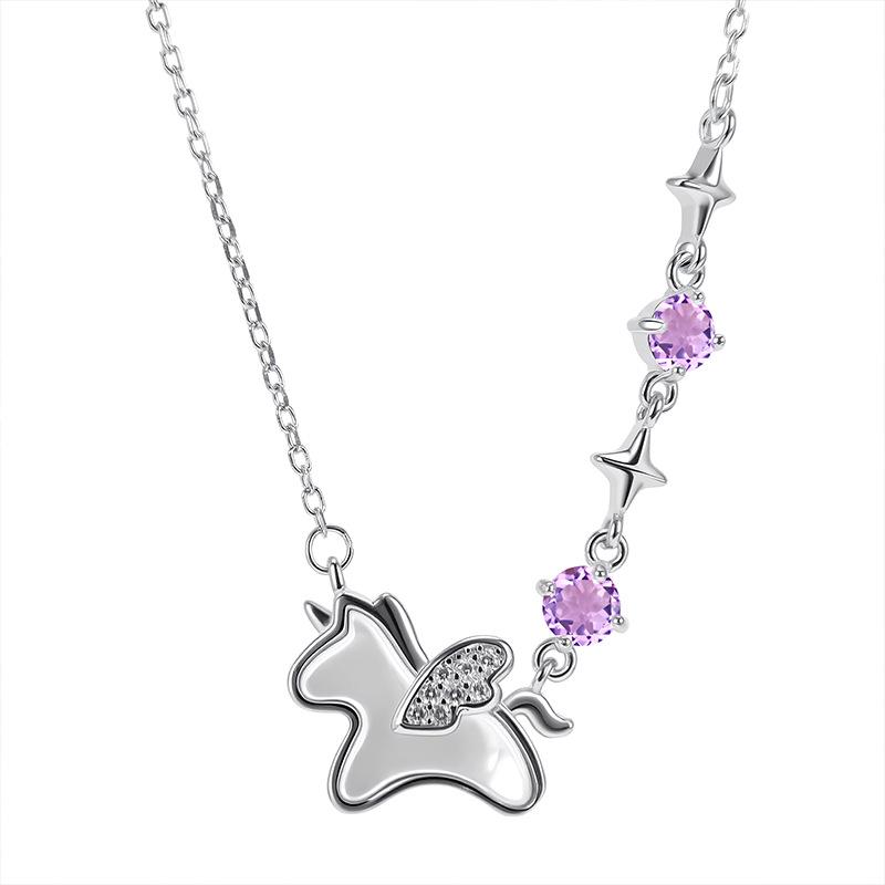 

Original natural crystal stone star wish unicorn s925 silver necklace female white fritillary pony pendant gift female 925 silver