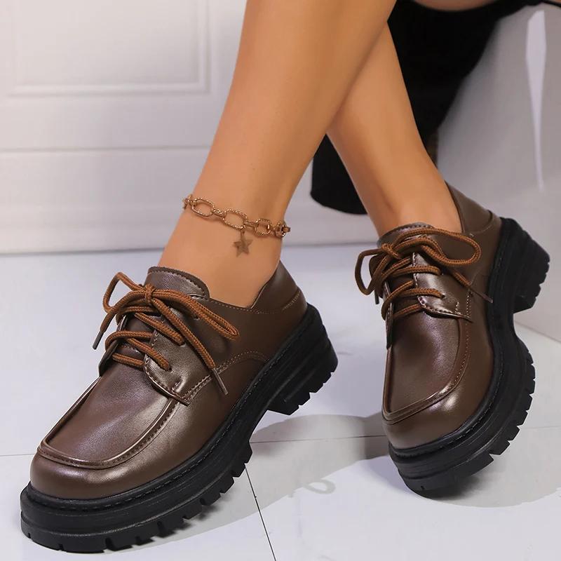 Fashion Retro Chunky Platform Oxford Shoes for Women British College Style Thick Sole PU Leather Dress Shoes Woman Spring Autumn Loafers