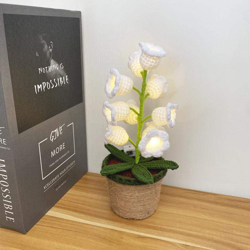 Bell Orchid Crochet Potted with Light Creative Handwoven Flower Knitted Plant Christmas Decor Home Table Decor