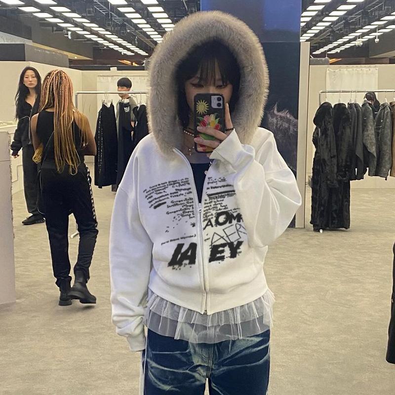 Fur Collar Hooded Zipper Coats for Women Harajuku Letter Printed Hoodies Streetwear Thick Coat Autumn Winter Jacket Y2K