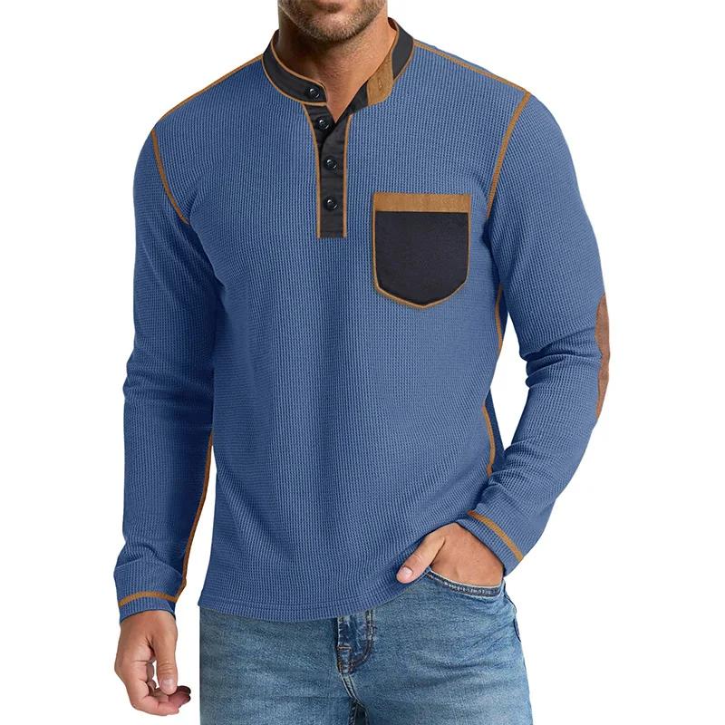 Men's Long Sleeve Stand Collar Henry Tshirt Casual Cotton Patchwork T-Shirt Autumn Winter Base Layer Shirt American Retro Tees