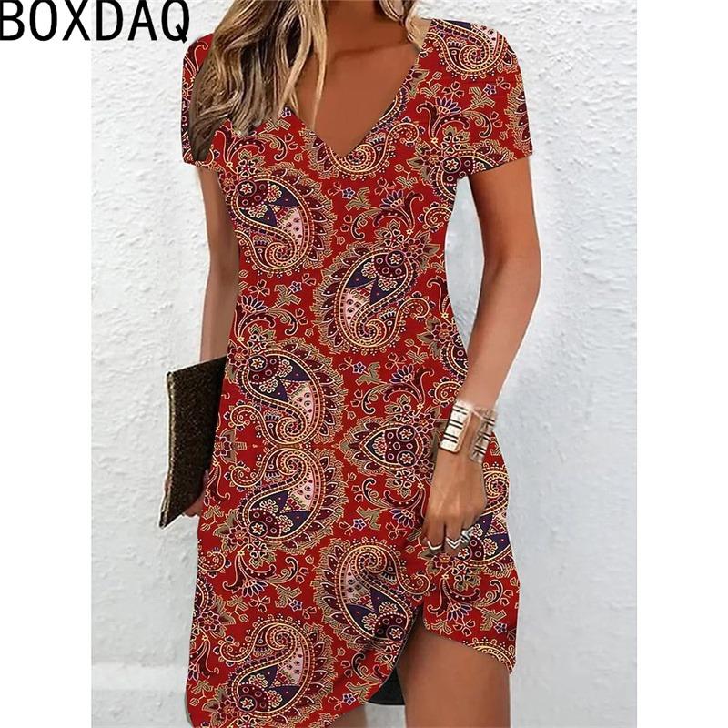 Abito A-line Floreale Elegante Vintage Donna Estate Manica Corta Scollo a V Casual Ampio Lunghezza al Ginocchio Abito Estivo Vestidos De Mujer