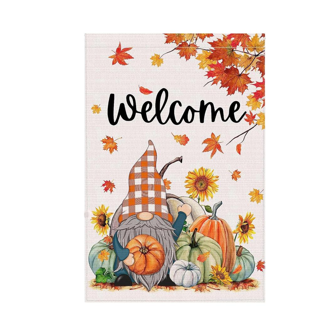 Thanksgiving Outdoor Garden Double Sided Linen Flag 45x30cm Fall Harvest Seasonal Yard Decoration with Autumn Leaves and Pumpkin Design