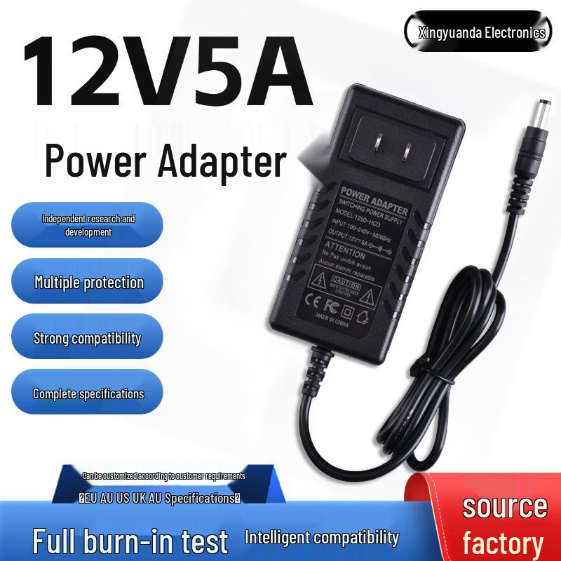 12V 5A Wall-Plug Power Adapter for Monitors, Surveillance, LED Strips, Water Pumps, and Routers