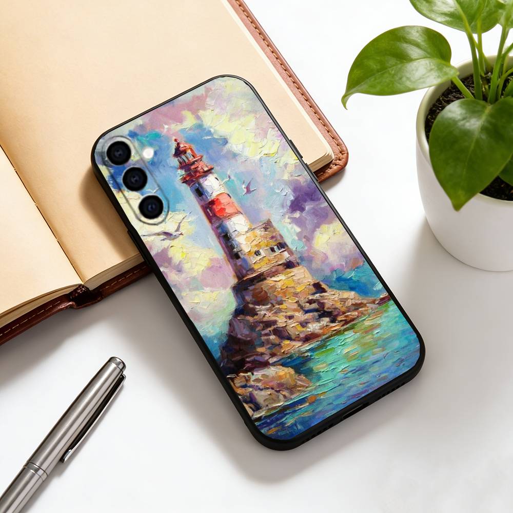 Art oil painting of a lighthous Phone Case Black Silicone Soft For Samsung Galaxy A73,A72,A71,A70,A53,A52,A51