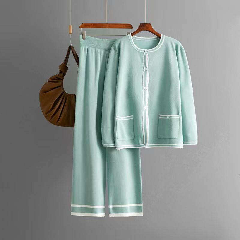 

Fashion Wind Knitting Cardigan Sweater Loose Pants Two-piece Set Knitted Top Wide Leg Pants Set Green All yards