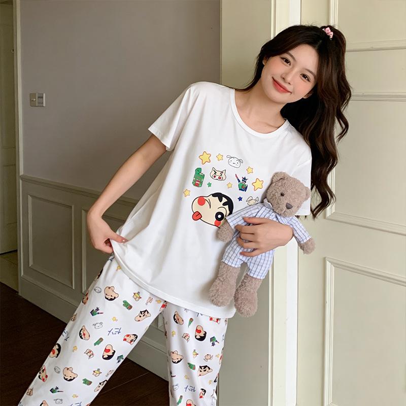 Summer Cool Soft Cute Cartoon Crayon Small New Pajamas Women's Round Neck Short-sleeved Trousers Set Skin-friendly Outer Loungewear