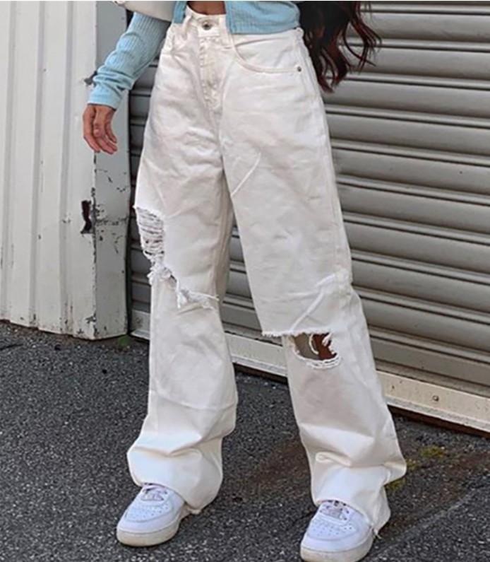 

Модные повседневные женские джинсовые джинсы с рваной высокой талией 3XL белый
