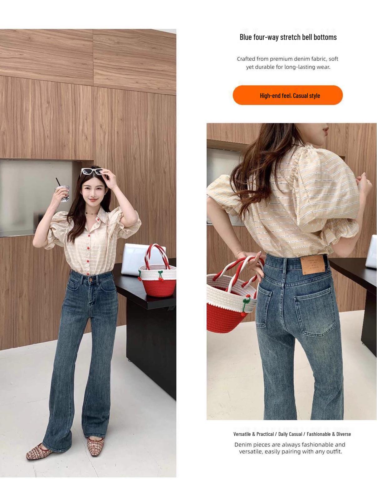 High-Waisted Slim Fit Flared Blue Denim Pants - 2026 Summer Release XL