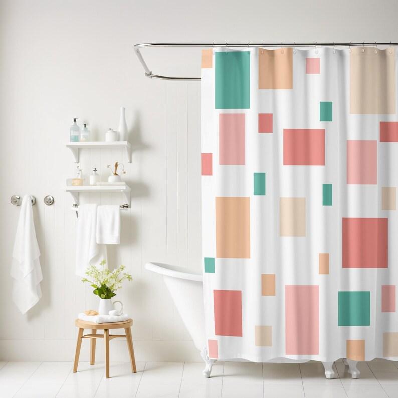 

Retro Pattern Shower Curtain - Bathroom Decor, Mid-Century Modern Style, Peach Pink Green White Squares Rectangles 50S Mcm W60H190(CM)-1 Pcs