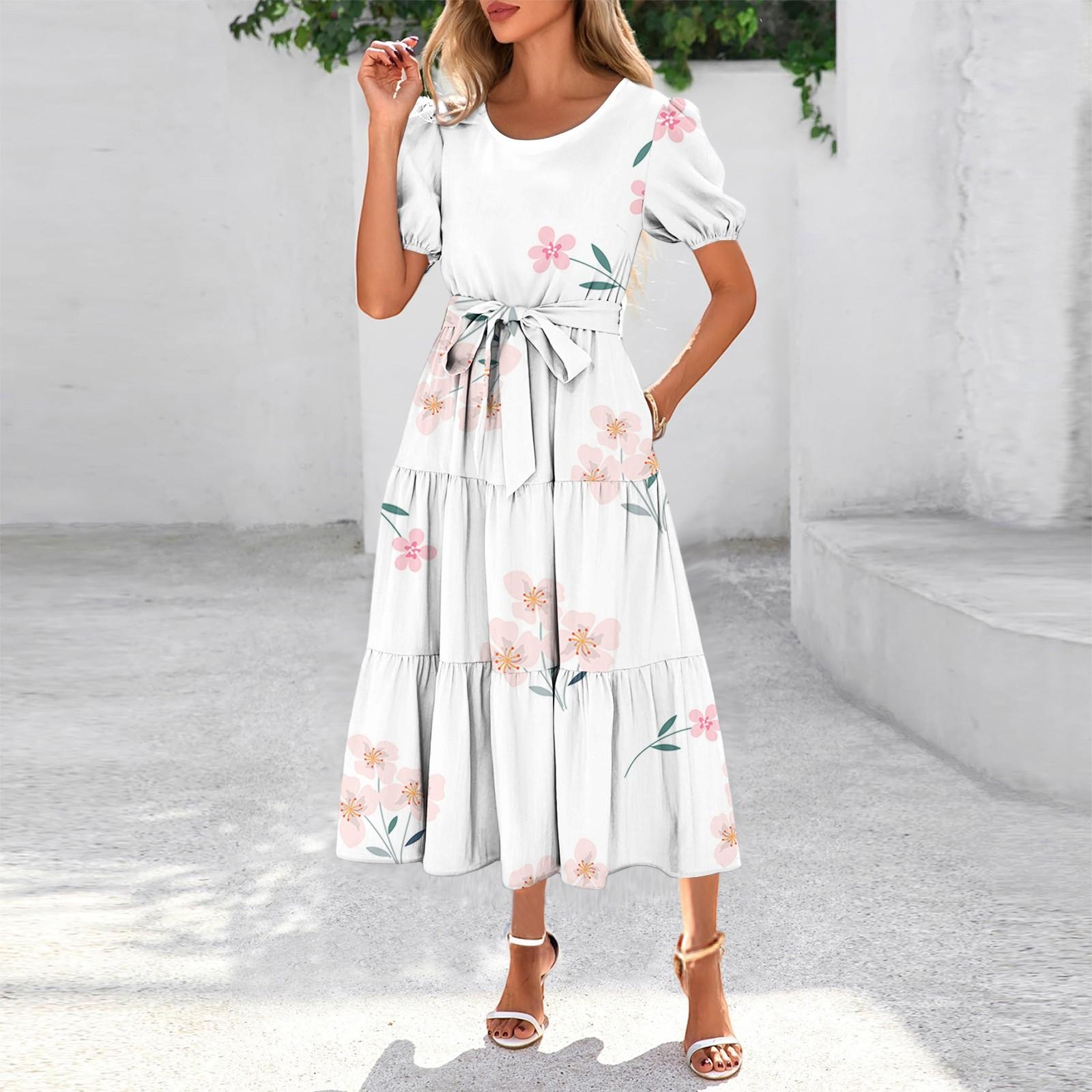 

Женское летнее платье макси с коротким рукавом, круглым вырезом, поясом и карманами в стиле бохо с струящейся отделкой L хаки