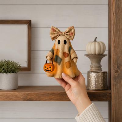Yousheng Lighted Vintage Patchwork Ghost, LED Light Ghost with Pumpkin Lantern Halloween Decor, Vintage Halloween Patchwork Ghosts Lamp, Rustic