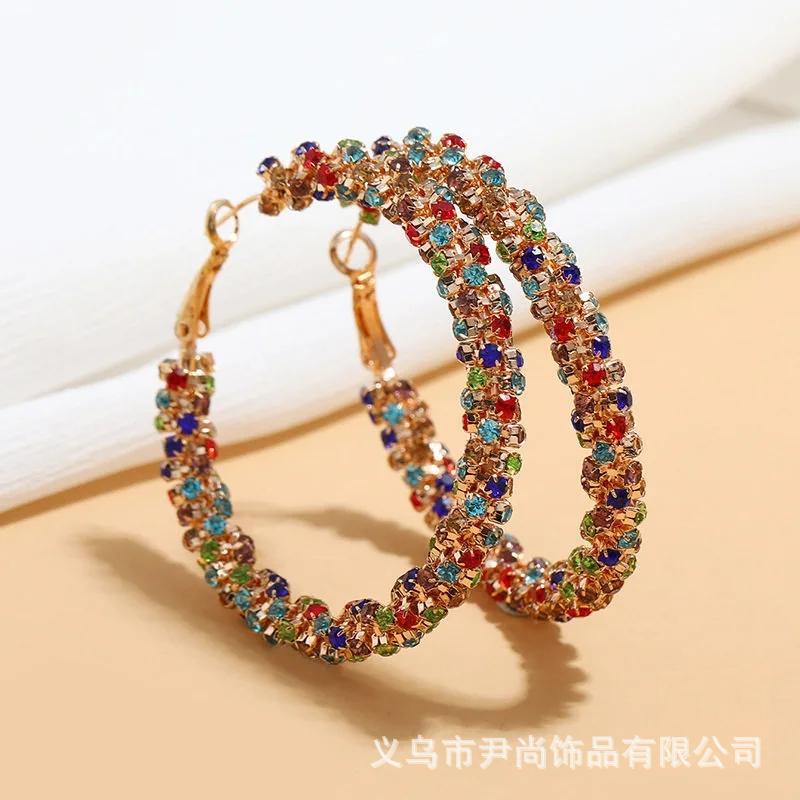 Color Copper-Plated Real Gold Earrings Light Luxury High-End Handmade Large Circle Earrings Full Of Diamonds Light Luxury Earrings