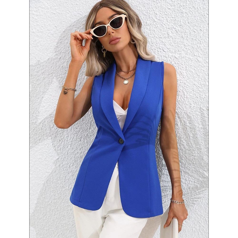 IHUASU Spring and Autumn Solid Color Cardigan Single Button Jacket Sleeveless Round Neck Coat for Women