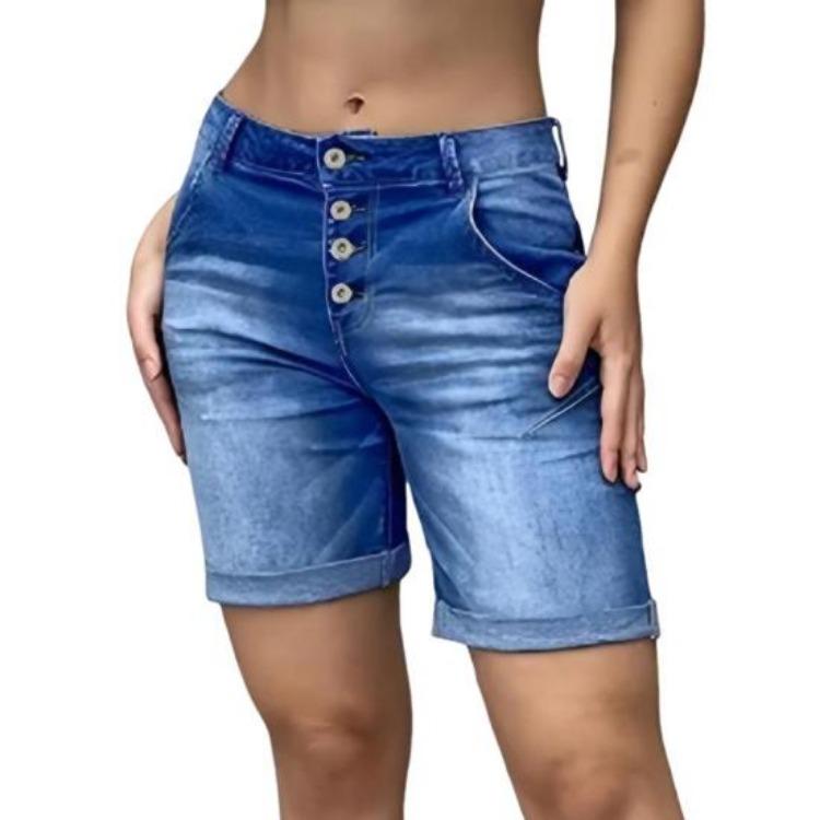 High Waisted Women Denim Shorts Slimming Bermuda Jean Shorts with Pockets Stretch Rolled Cuff