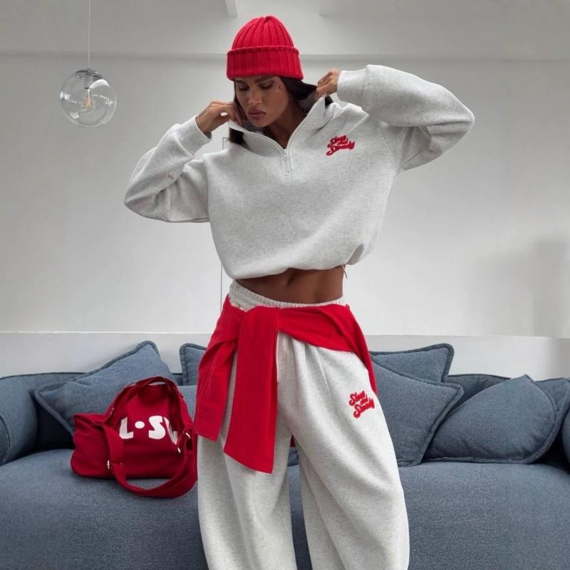 Damen Vintage Sportlicher Halbreißverschluss Hoodie Gerade Hosen Schweißhosen Set Streetwear 2-teilig