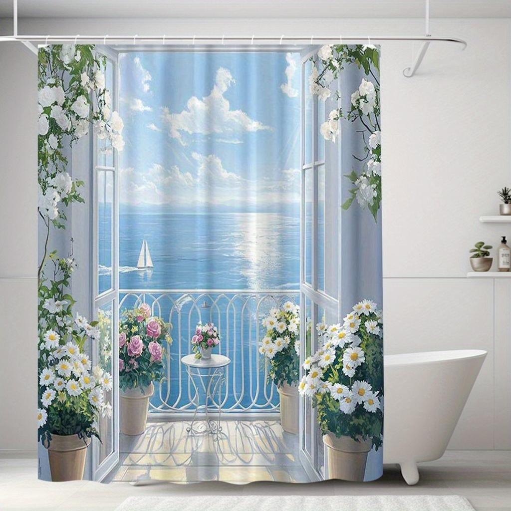 Coastal Sea View Shower Curtain Polyester Machine Washable With 12 Hooks For Bathroom Decor