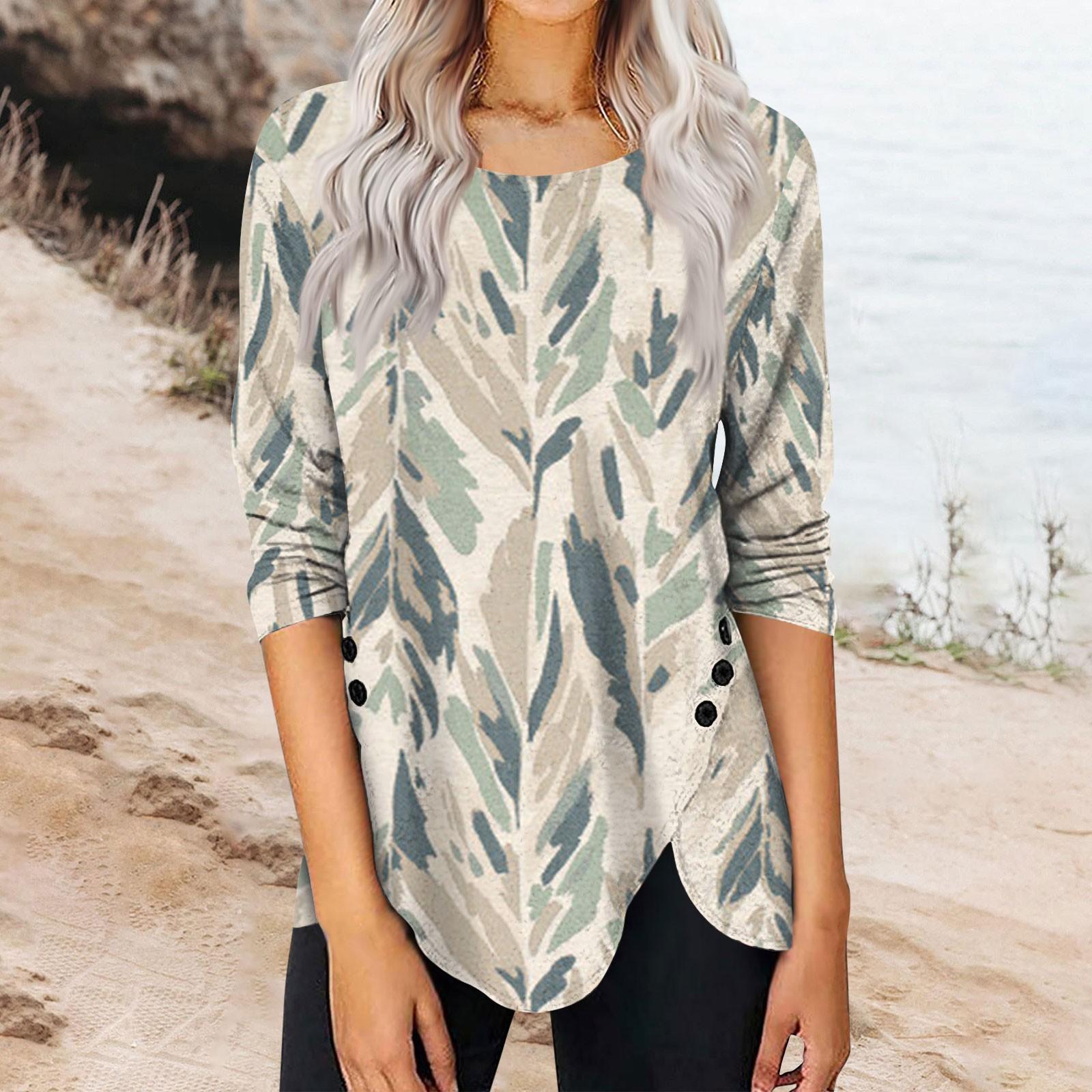 

Women s Long Sleeve Tunic Loose Top Pleated Tunic Button Casual Print T-Shirt Tops XXL