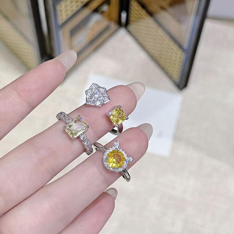 Fashion Light Luxury Yellow Zircon Camellia Flower Full Diamond Opening Ring High Sense Temperament Color Treasure Personality Ring Woman