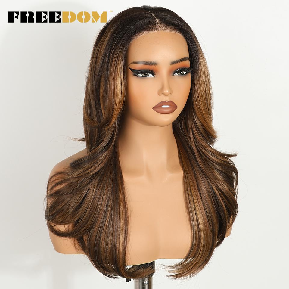 FREEDOM Layered Synthetic Lace Front Wigs For Women Natural Wavy Ombre Blonde 6x4 Pre Plucked Pre Cut Wear And Go Glueless Wigs