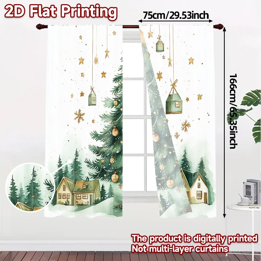 2pcs  Curtains Christmas Tree Village Holiday Scene Pattern Popular Curtains Versatile 100% Polyester Curtains Festive Use for